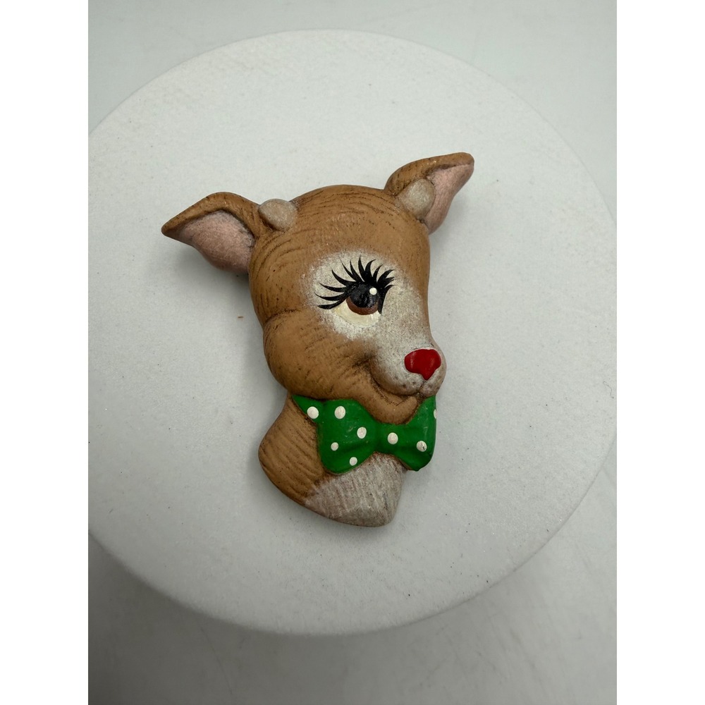 Vintage Reindeer Brooch Christmas Deer‎ Green Bow Tie Pin Holiday Jewelry